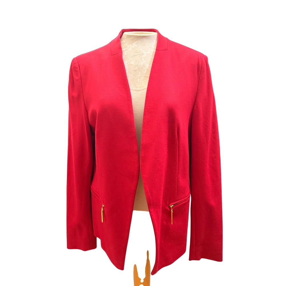 Carmen Marc Valvo Red Open Front Blazer Gold Zip Pockets Size 14 RN106411